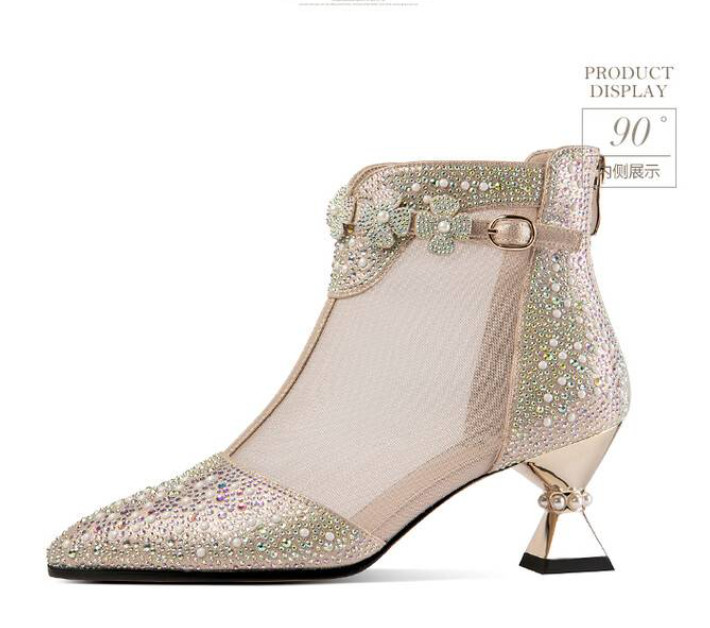 Pearls Women’s Poined Toe Mesh Rhinestone Real Leather Sandals Kitten Heels Sexy