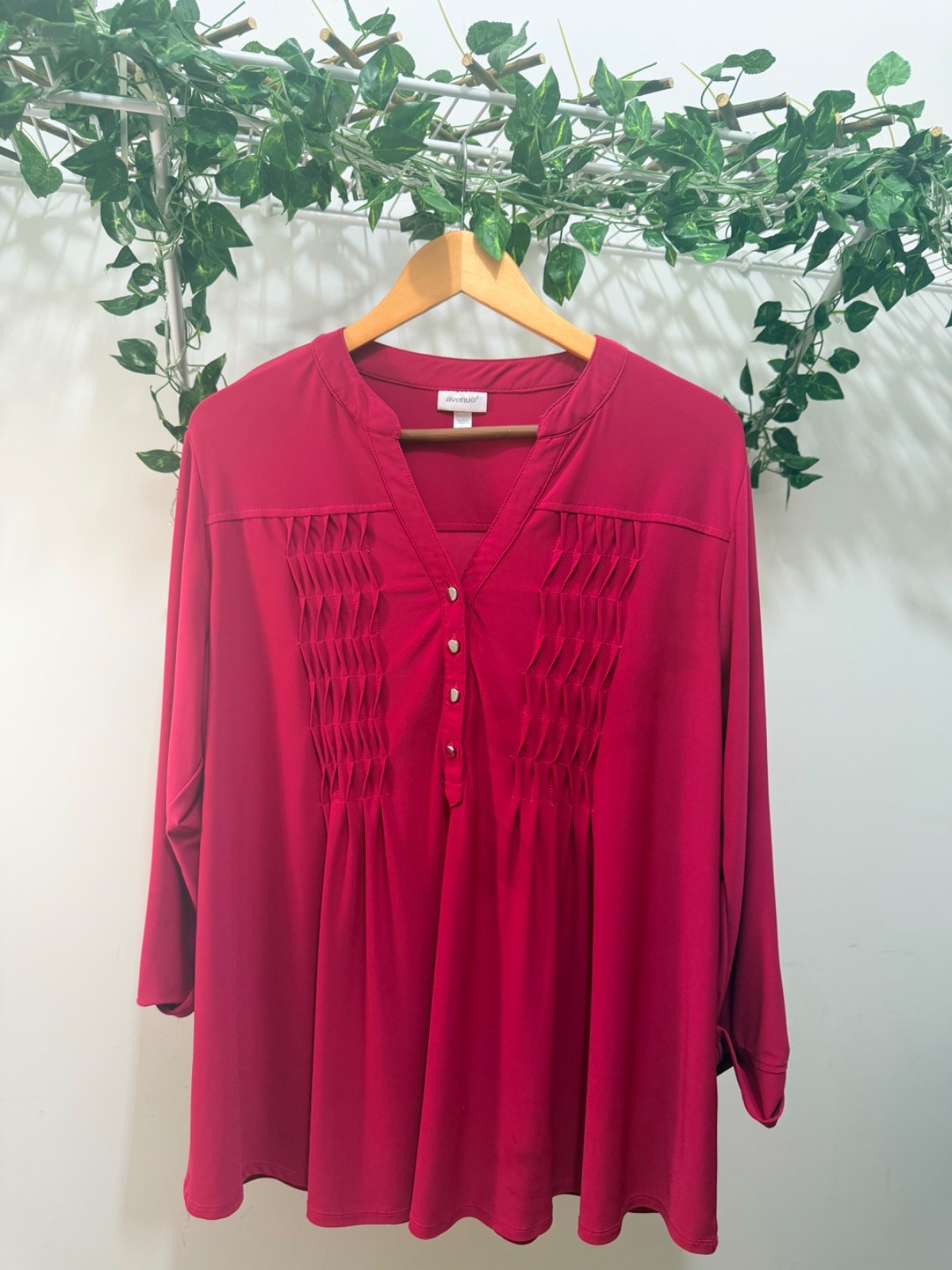 Avenue Womens 18/20 Pink Pintuck Tunic Top Roll Tab Sleeves Stretch Knit Plus Si