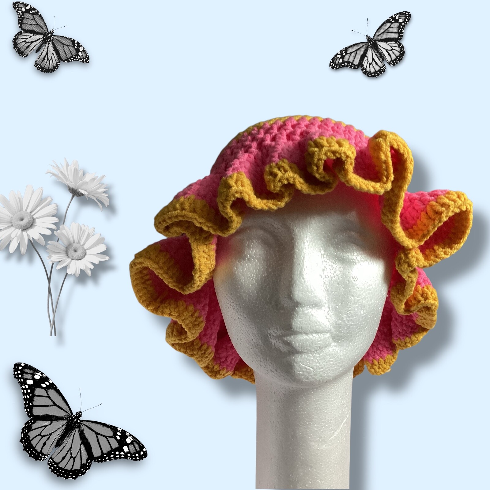 Handmade Crochet Ruffle Bucket Hat – Boho Cottagecore Style, 4 Colors, Lace Trim