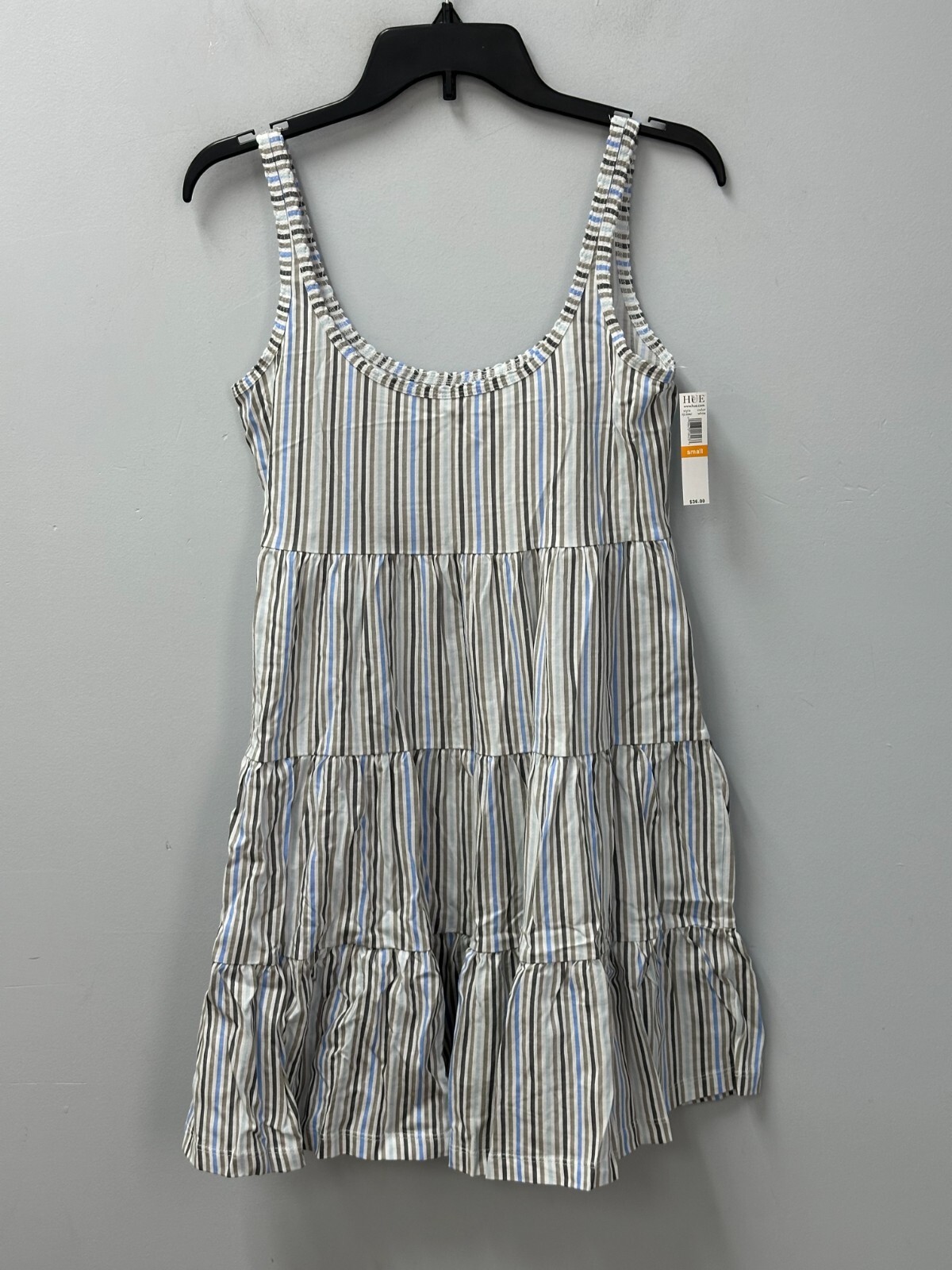 HUE White Gray Blue Striped Tiered Short Sleeveless Nightgown Women’s Size Small