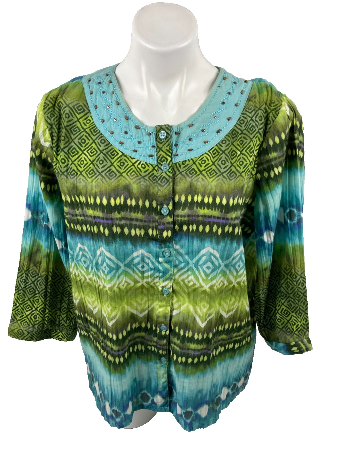 Lemon Grass Women Large Button Front Blouse Blue Green Geometric Tribal Bead