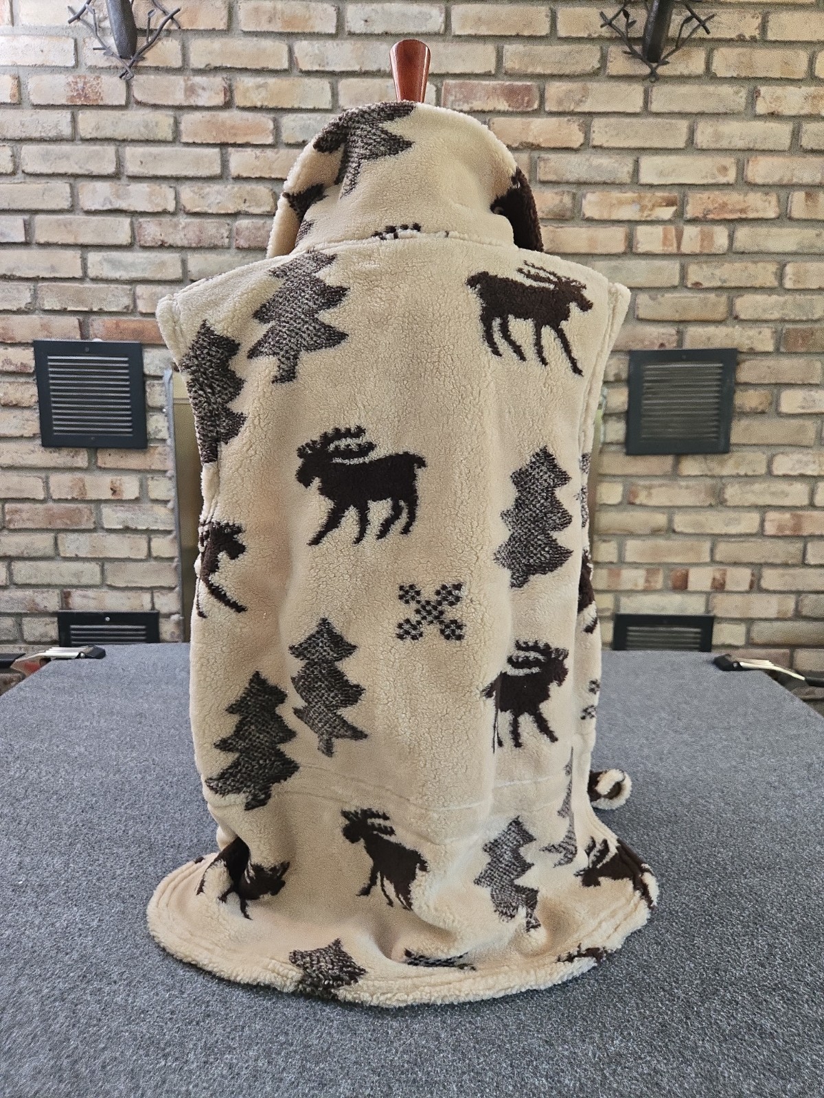 CDS Vtg 90s Cabincore Full Zip Sherpa Fleece Vest Womans Sz Lg Brown Moose Trees