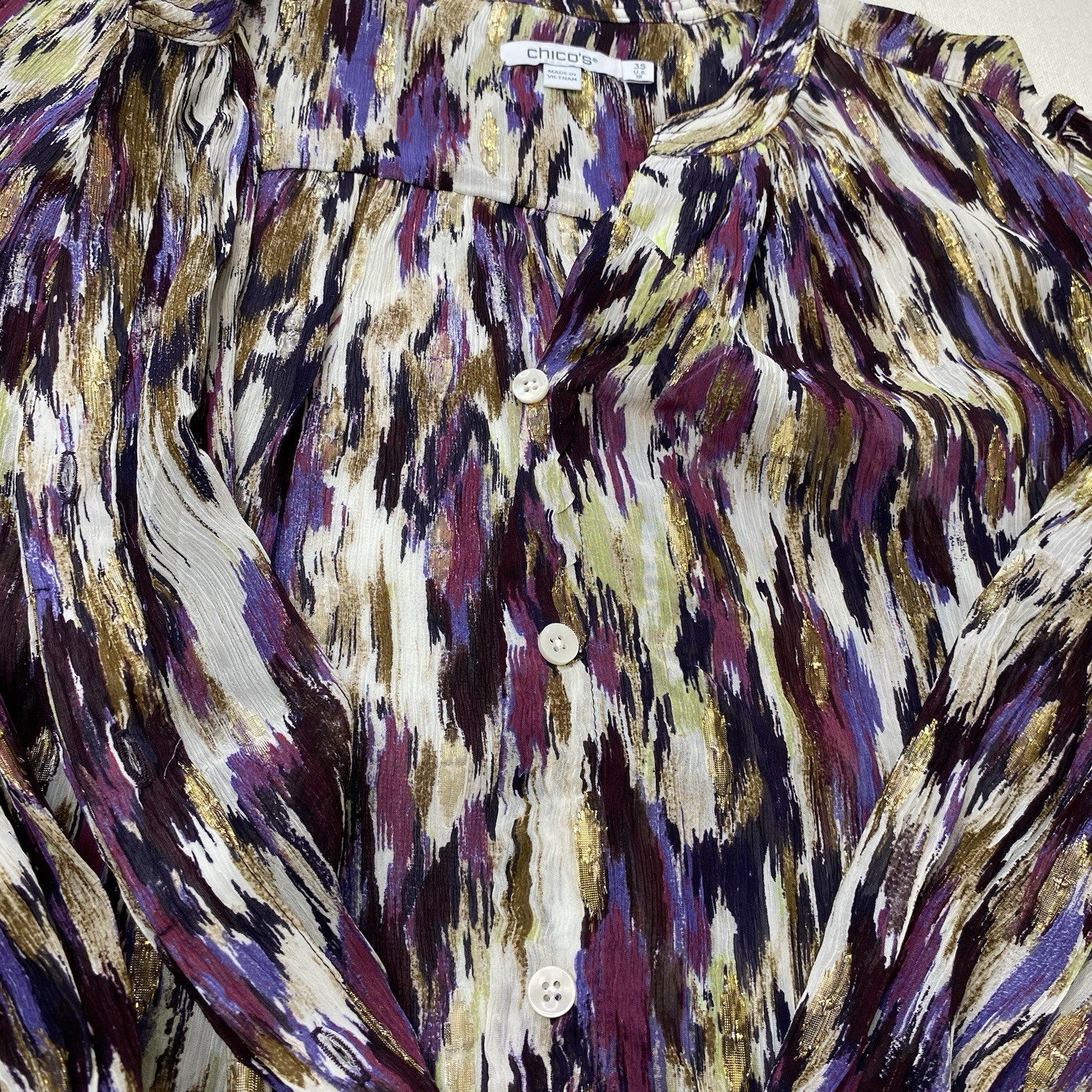 Chicos Purple Metallic Button Up Shirt Crinkled Semi-sheer Lightweight Sz 3.5/18