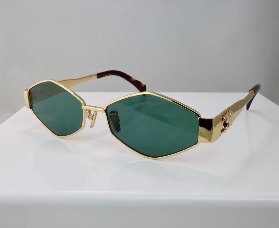 Celine CL40254U Rectangle Sunglasses Gold Frame Green Lens 54mm Unisex