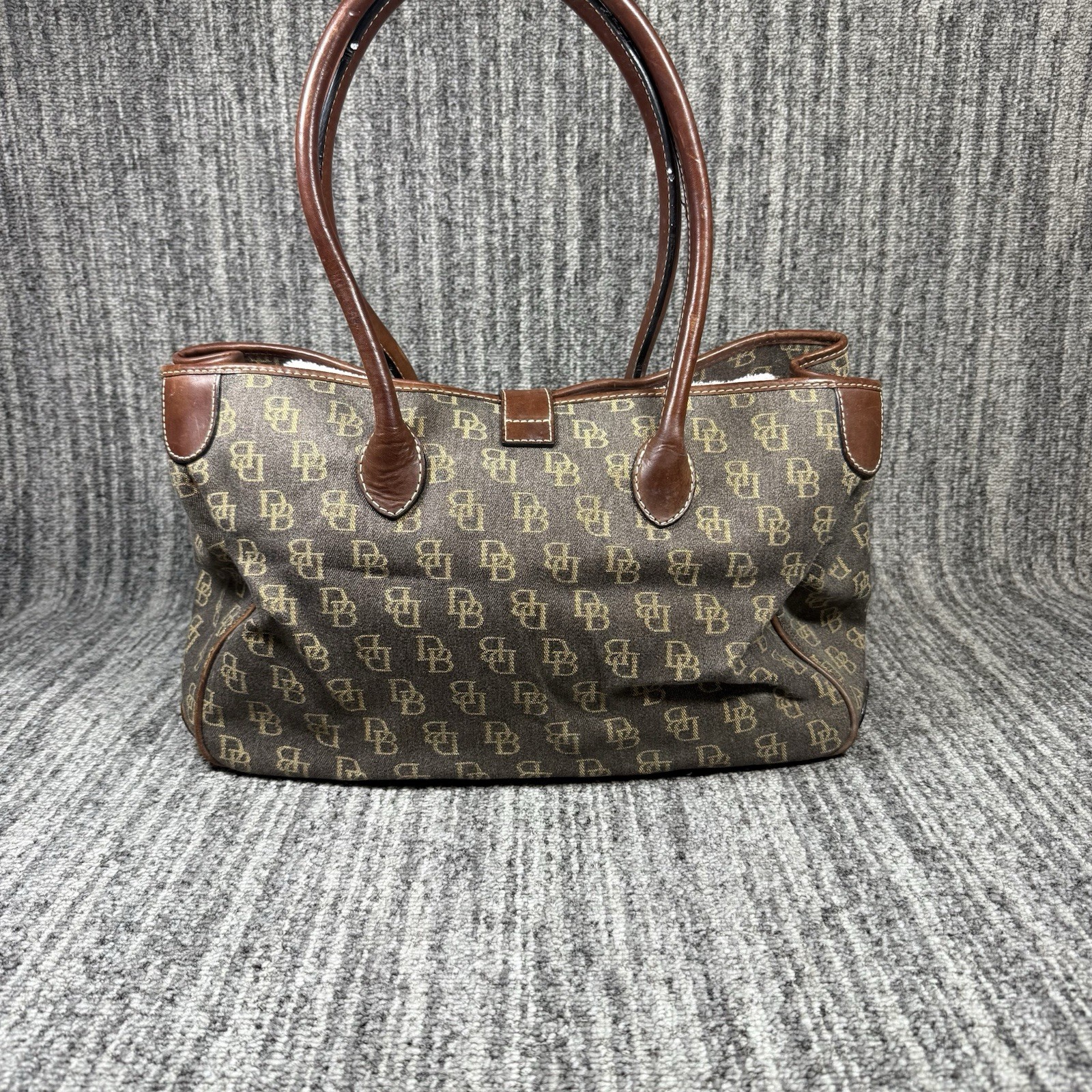 Dooney & Bourke Satchel Tote Bag Push Lock Signature Canvas Leather Trim Purse