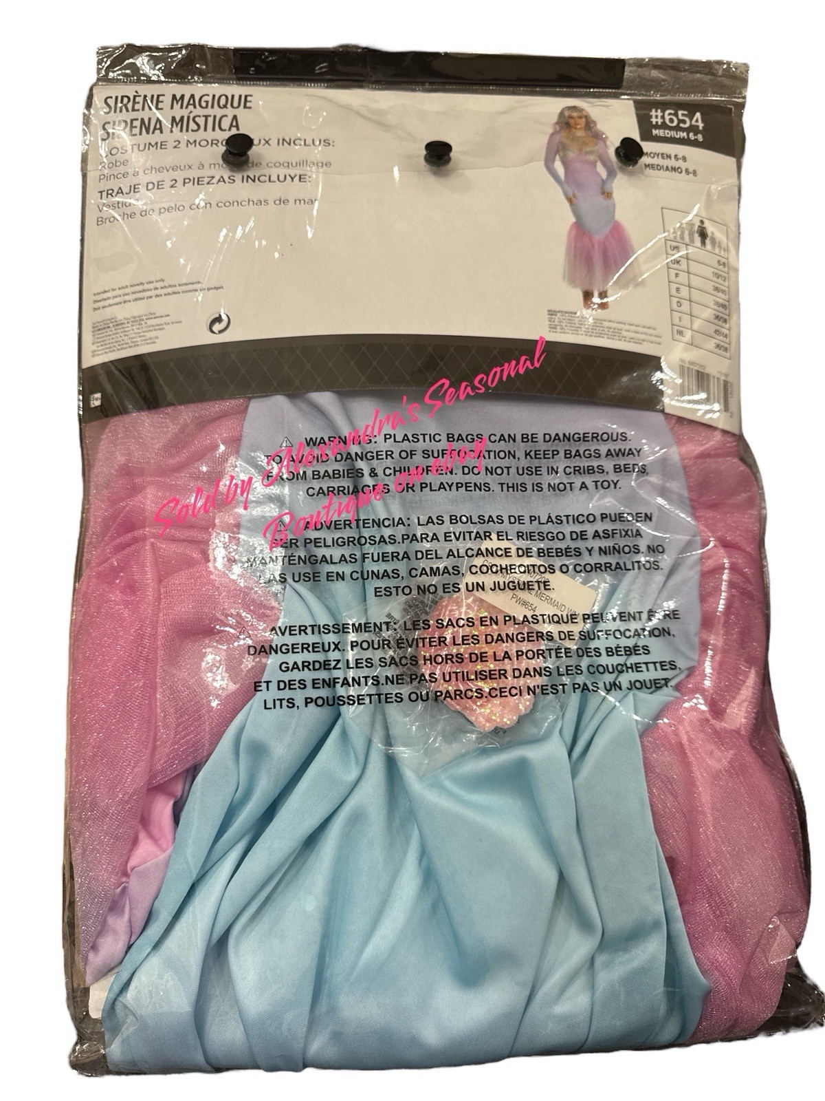 Mystical Mermaid Pastel Halloween Costume Dress & Hair Clip Size M, 6-8 Adult
