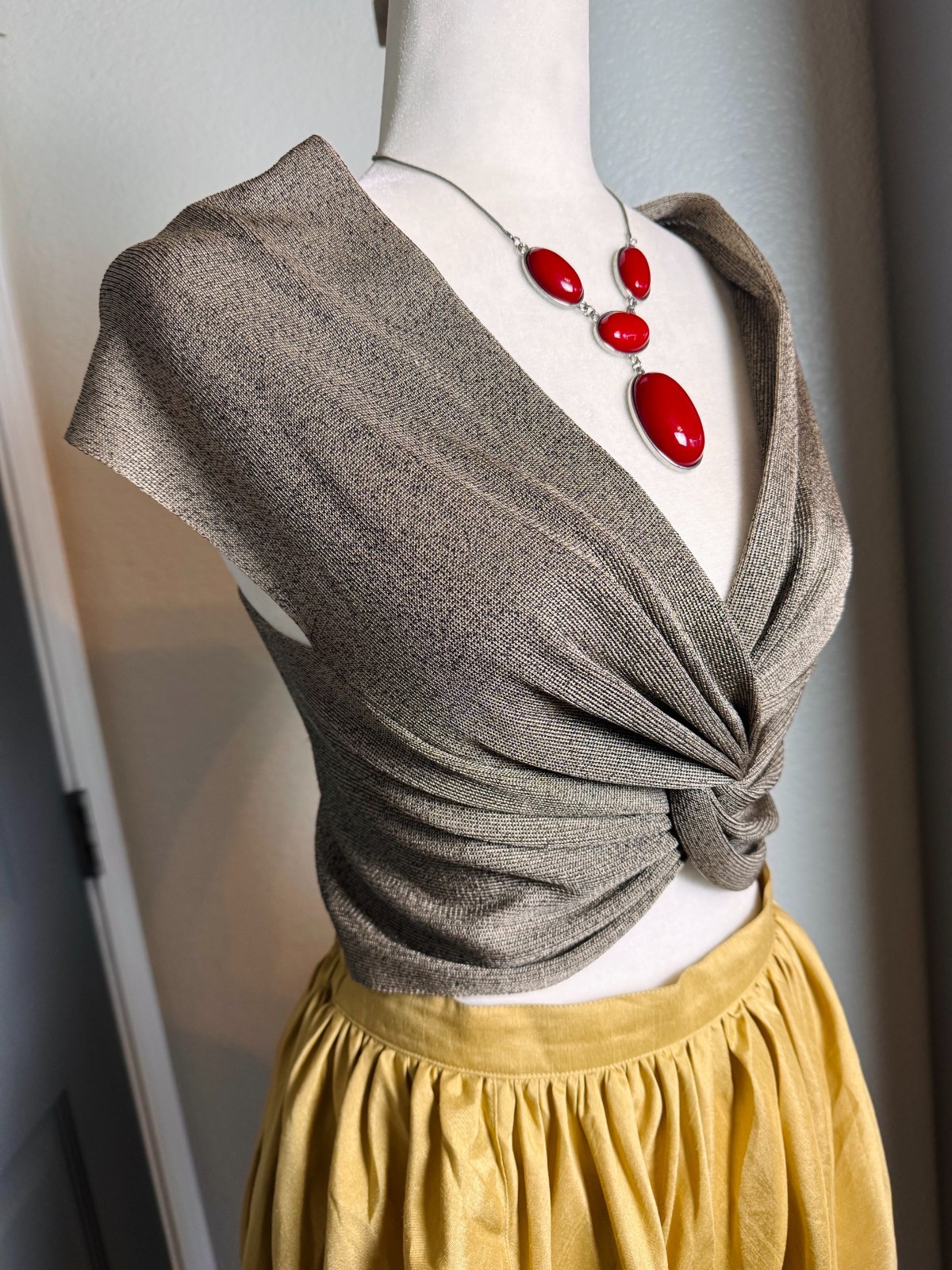 Nora Attalai Paris Cupro Bemberg Metallic Knit Twist Front Crop Top