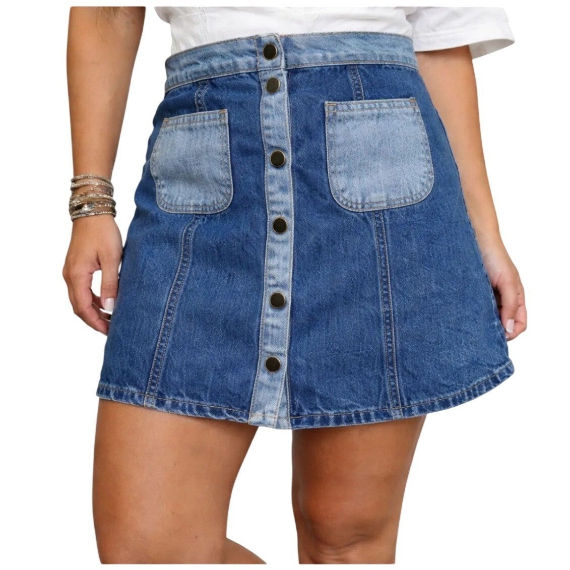 BDG Urban Outfitters Two Tone Denim Mini Skirt Size 6 Colorblock Button Front