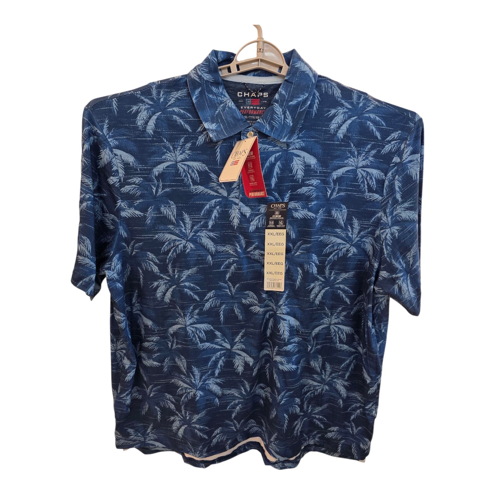 NWT Chaps Performance Short Sleeve Polo Golf Shirt Mens 2XL Blue Tropical