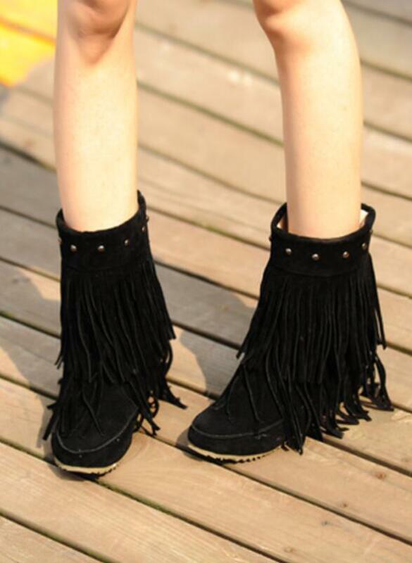 Fringes Womens Rivet Tassel Round Toe Hidden Wedge Mid Calf Boots Pull on Shoes
