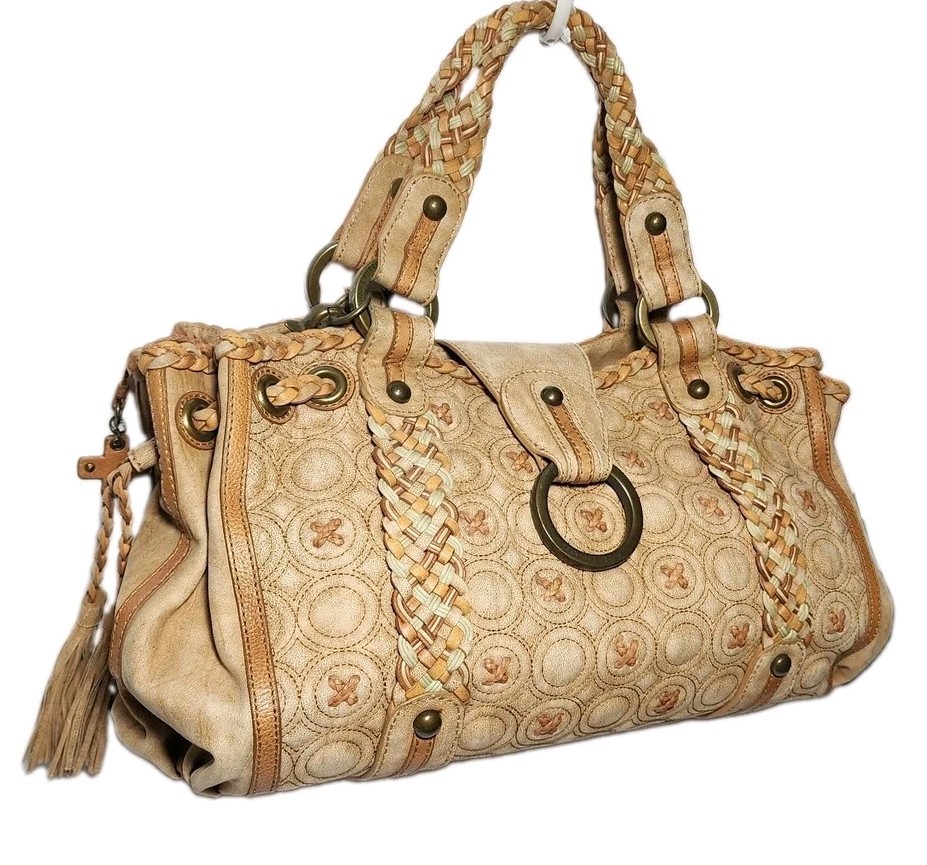 ISABELLA FIORE KISSES AND HUGS EMBROIDERED X’S AND O’S LARGE LEATHER HANDBAG$739