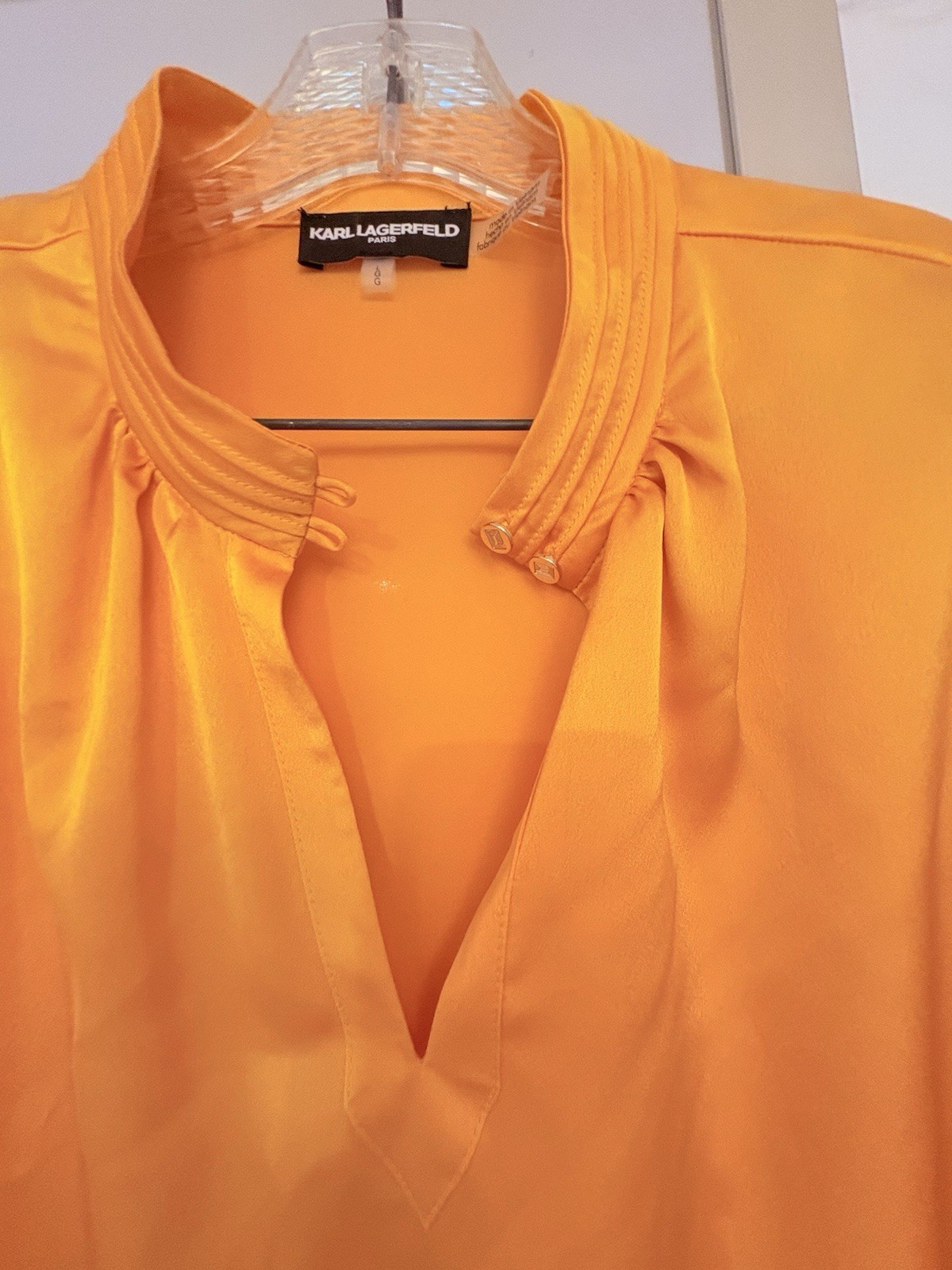 KARL LAGERFELD PARIS Orange Satin V-Neck Puff Short Sleeve Blouse Size G