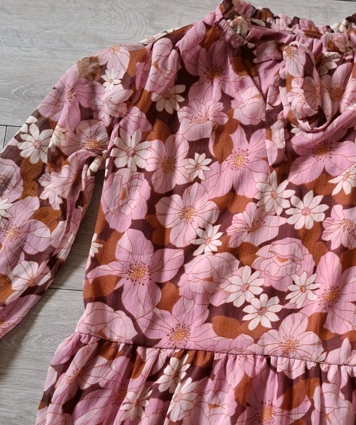 Brown & Pink Floral Flared Smock Dress Tiered Frill Party Sheer Boho Retro UK14