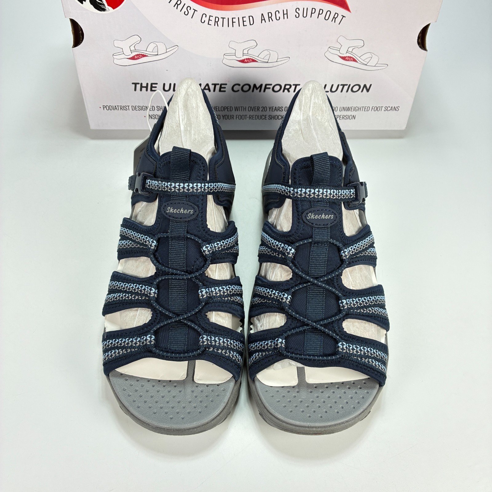 Skechers Arch Fit Reggae Groundbreaking Navy Fisherman Sandals Women’s Size 8