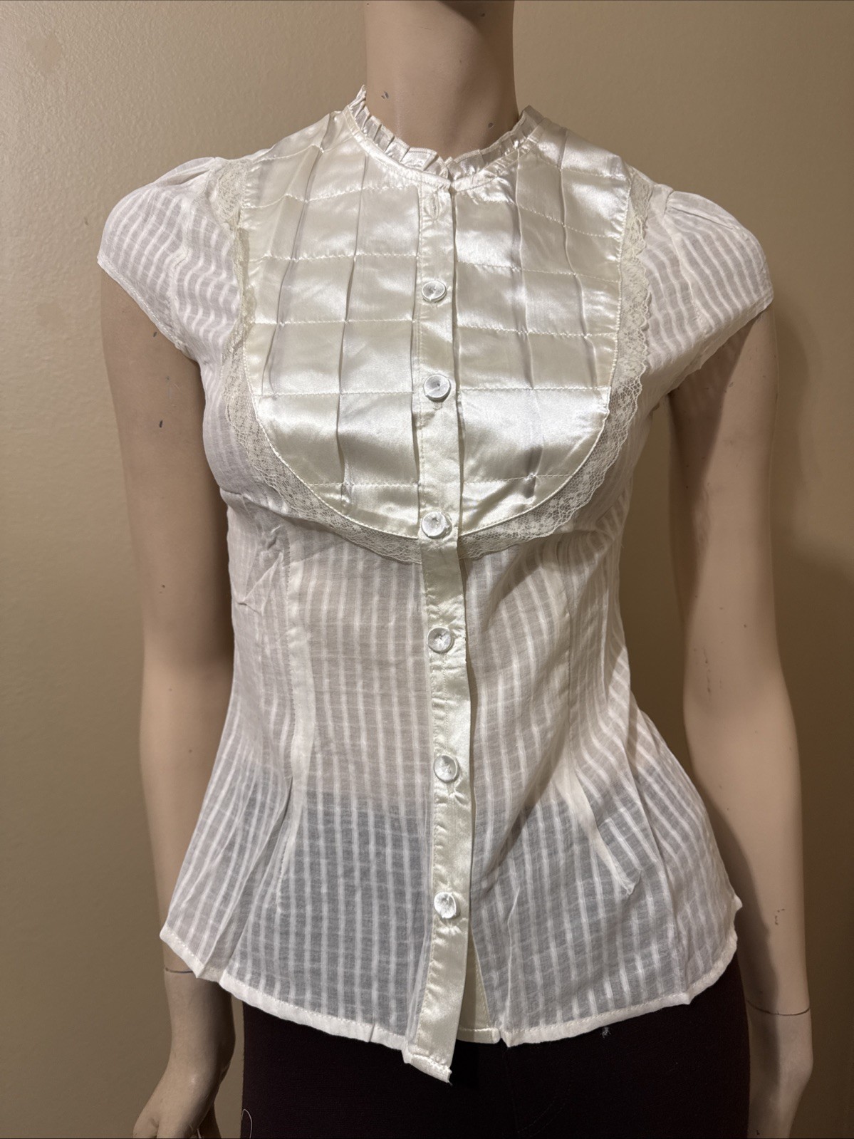 Women’s Ivory Cotton Casual Sheer Striped Lace Satin Buttons Size M Blouse Top