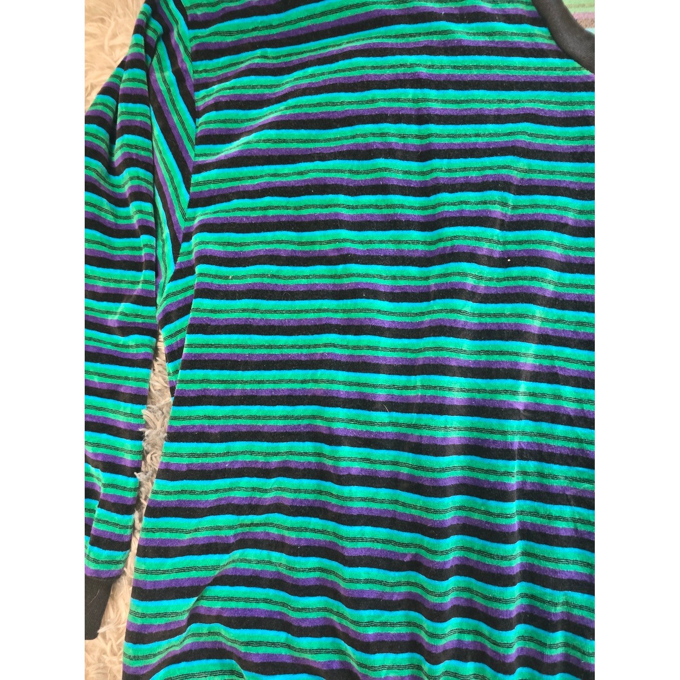 Vintage Velvet Striped V-Neck Sweater in Teal and Black, Size 3XL