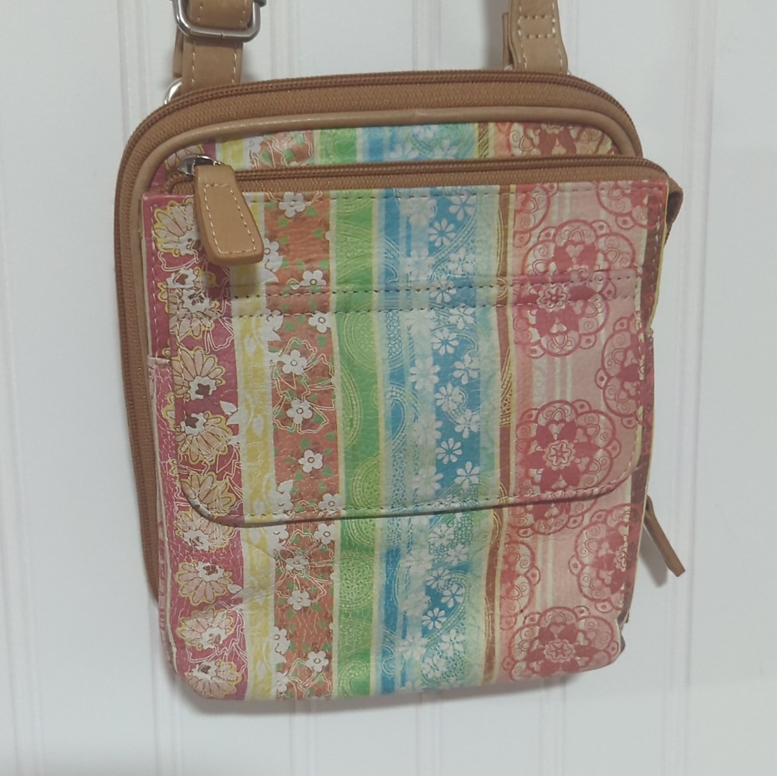 Fossil Striped Floral Crossbody Bag Zip+Magnetic, Adjustable Strap Small
