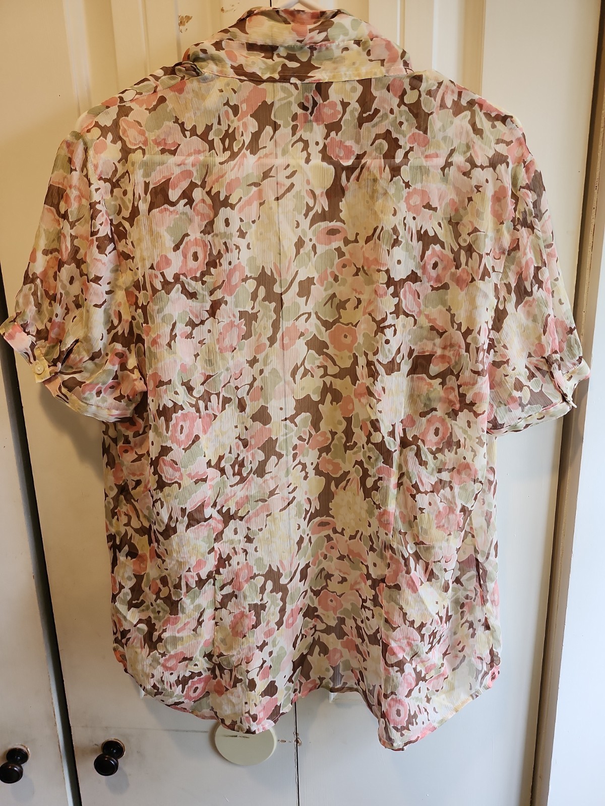 Ralph Lauren Semi Sheer Ruffle Front Blouse Top Sz XL Ivory Pink Blue Floral Pat