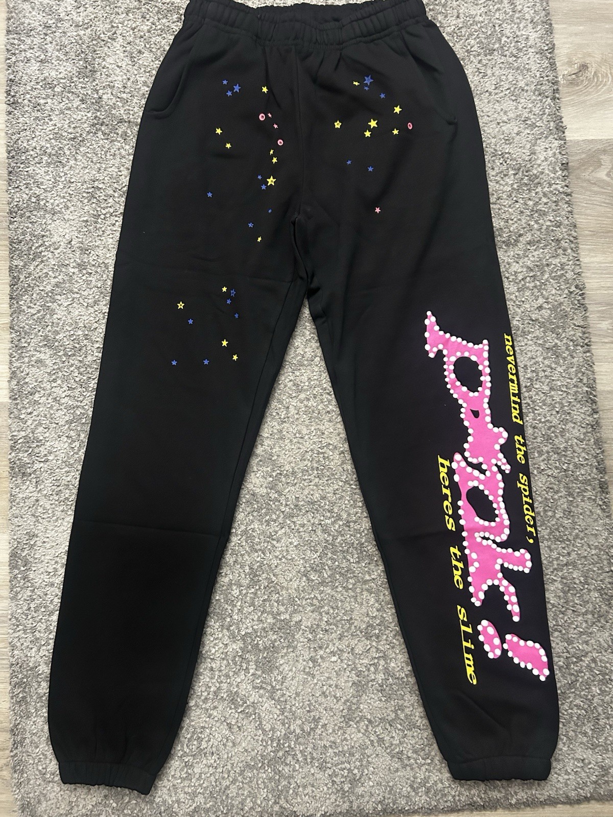 SP5DER Black Fleece Jogger Pants L Graphic Spider Logo Drawstring Pockets