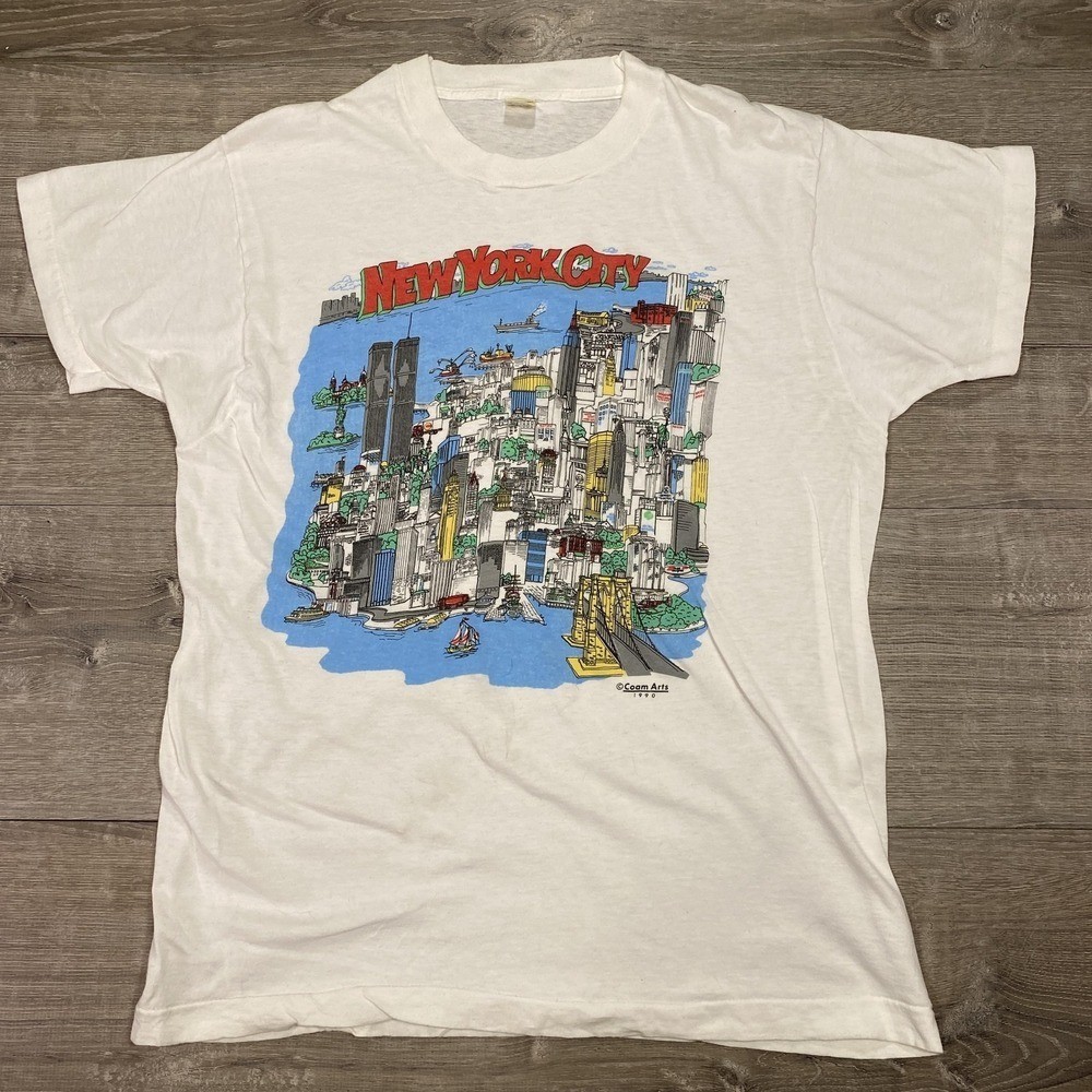 Vintage New York City Shirt Mens XL White Coam Arts Skyline Twin Towers 90s