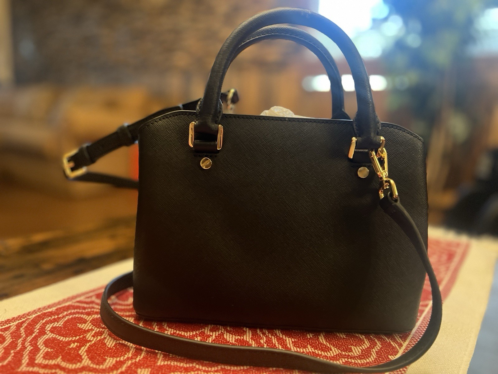 NEW Michael Kors Small Savannah Black gold Saffiano Leather Satchel bag handbag