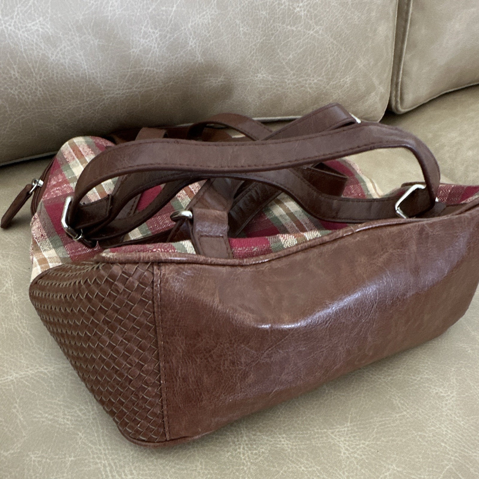 Longaberger Mini Backpack in Plaid Burgundy with Adjustable Straps