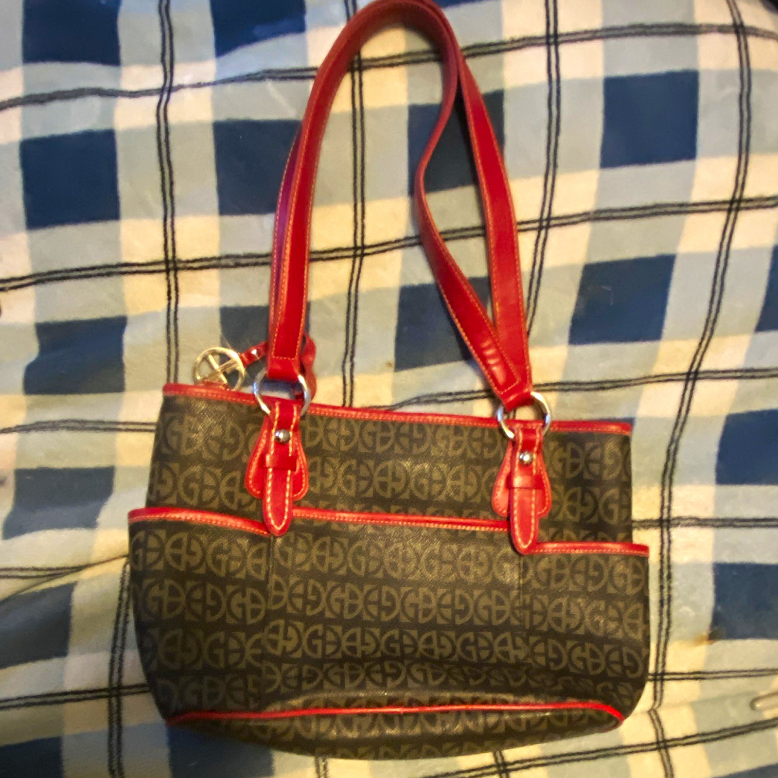 Giani Bernini Brown Logo Shoulder Bag Red Trim Zip Double Handles Silver