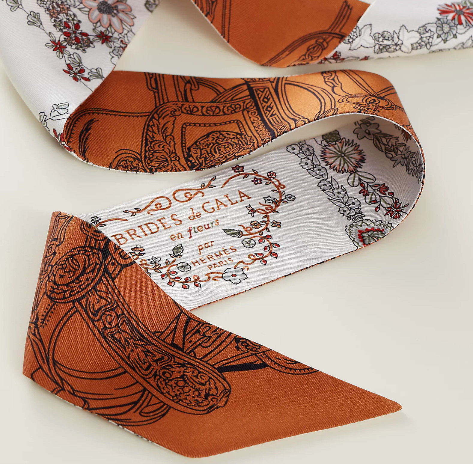 NEW Hermes Brides de Gala en Fleurs Twilly – White Blanc / Gris / Cuir