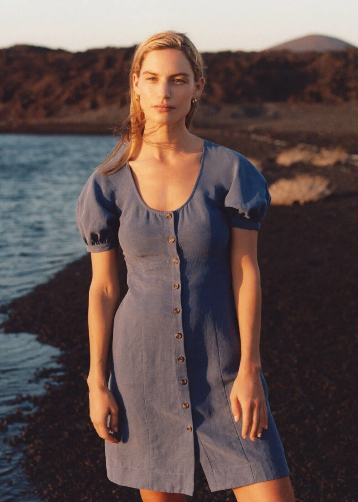 Whistles Tara Scoop Linen Dress UK 12 BNWT Blue Short Mini Button Down RRP 109