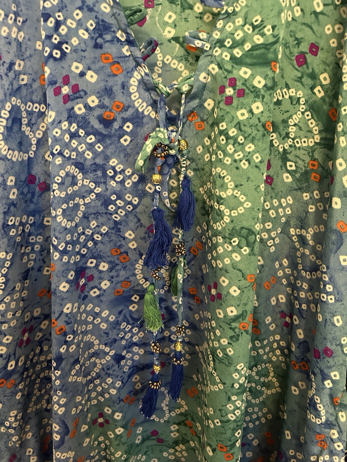 Swim Cover Up Blue And Green Printed With Tassels Pompom Design Size L