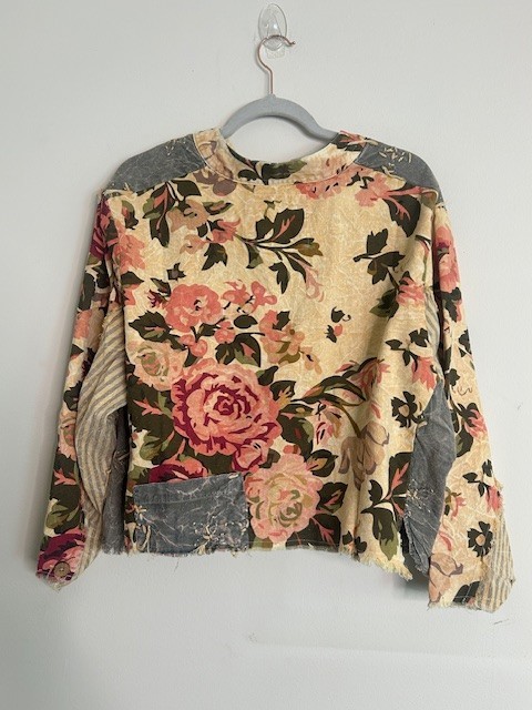 #1396 A Rare Bird Chambray Knotted Floral Mixed Shabby Chic Shirt/Jacket NWT