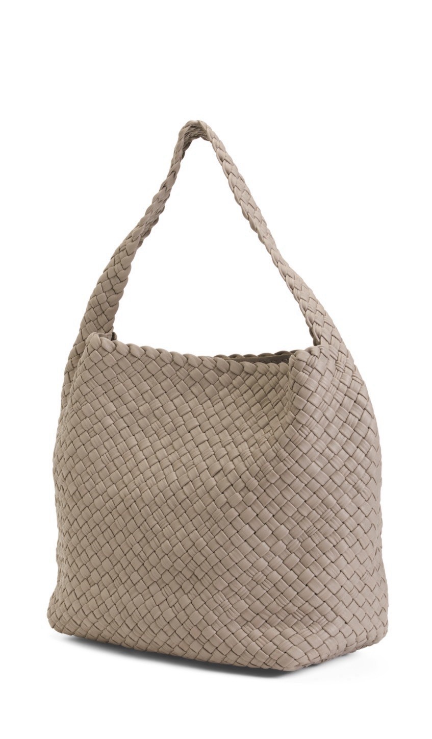 NWT Falor Italian Leather Woven Hobo Handbag Taupe F4000