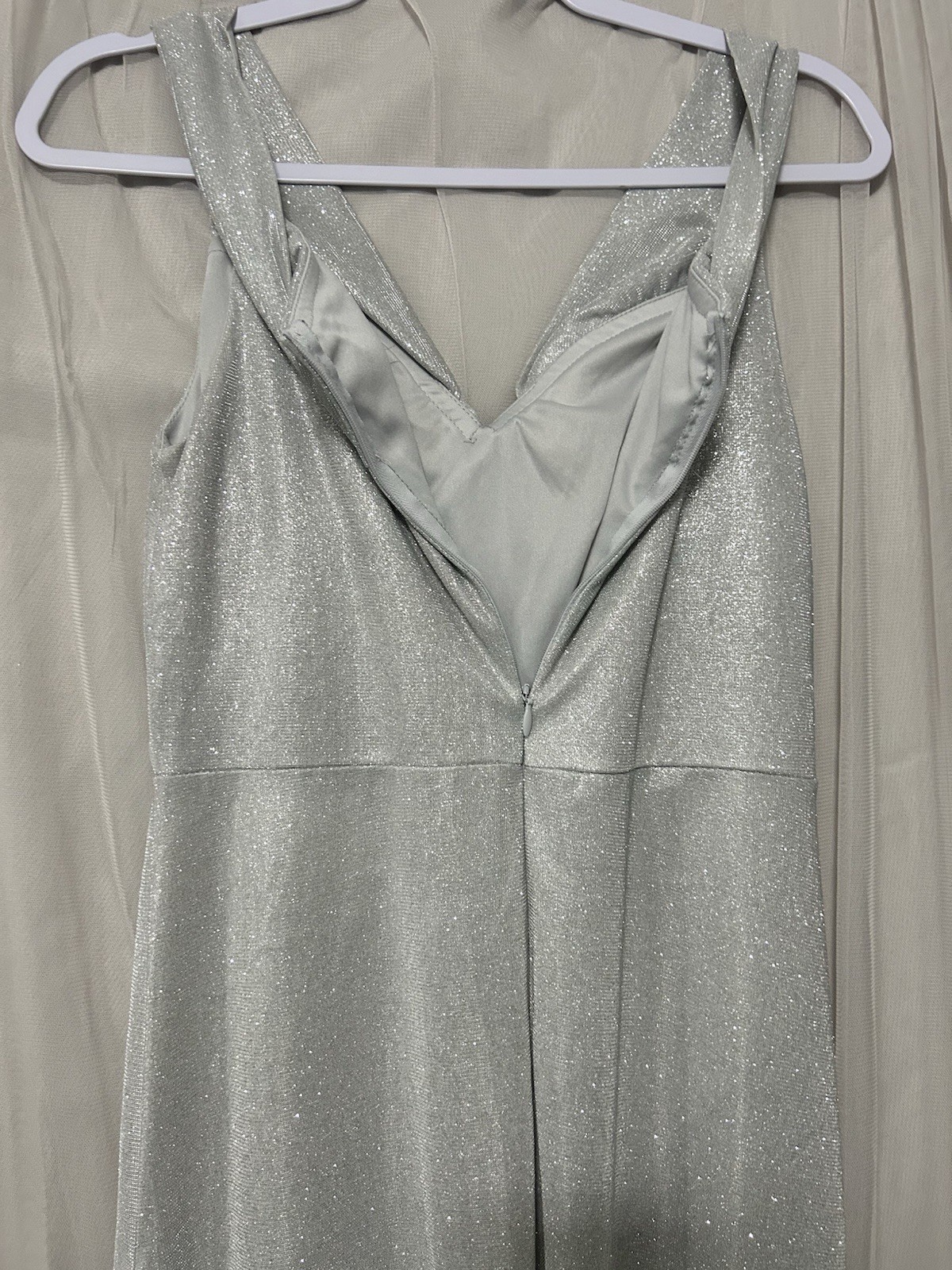 La Scala Silver Glitter V-Neck Long Gown Dress Strappy Sleeveless Lined L
