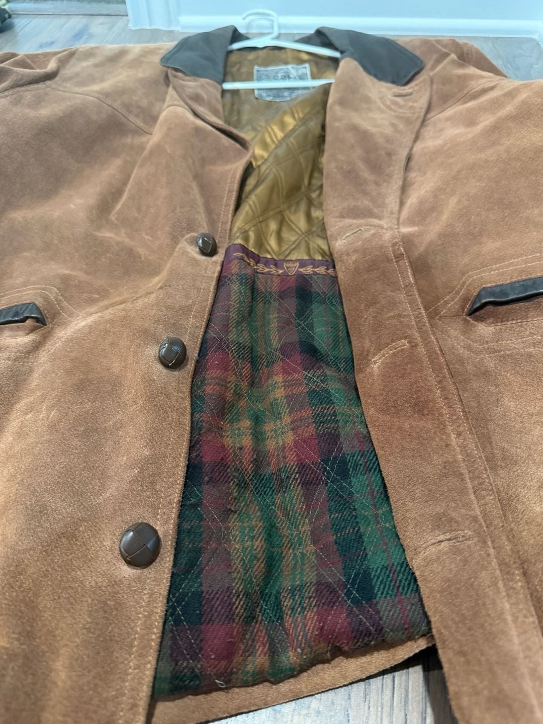 Slim John Vintage Brown Suede Leather Coat Jacket Plaid Quilted Lining