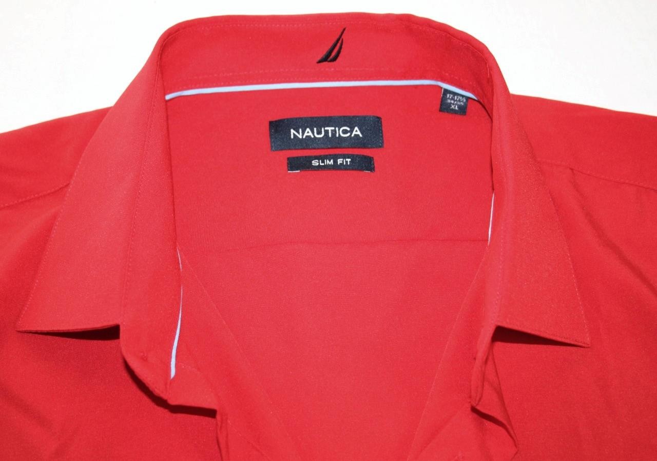 Nautica Shirt Mens XL 34-35 Long Sleeve Slim Fit Button Front Stretch Red NEW