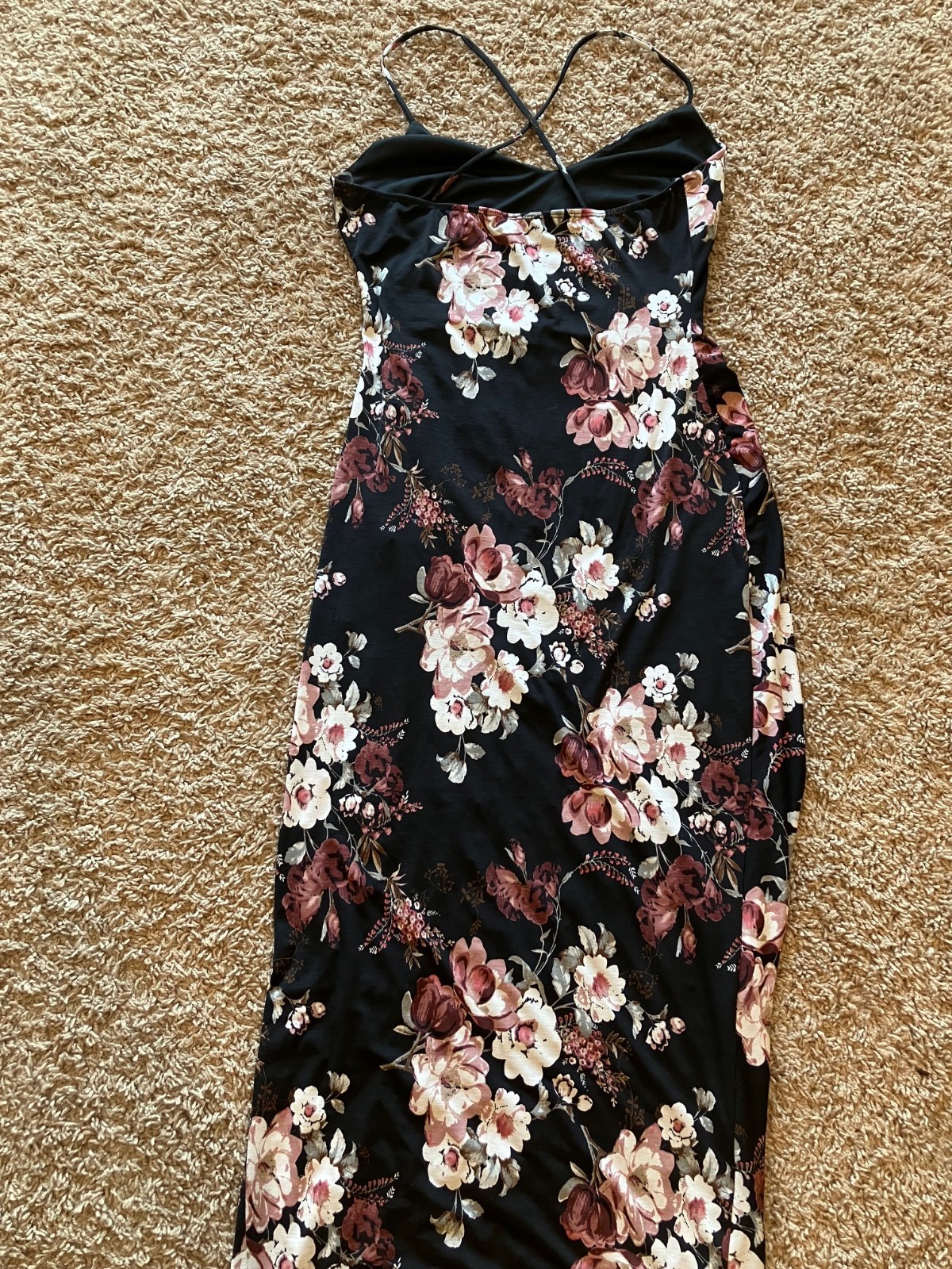Windsor Womens L Black Floral Maxi Dress Ruched High Slit Strappy Cross Back