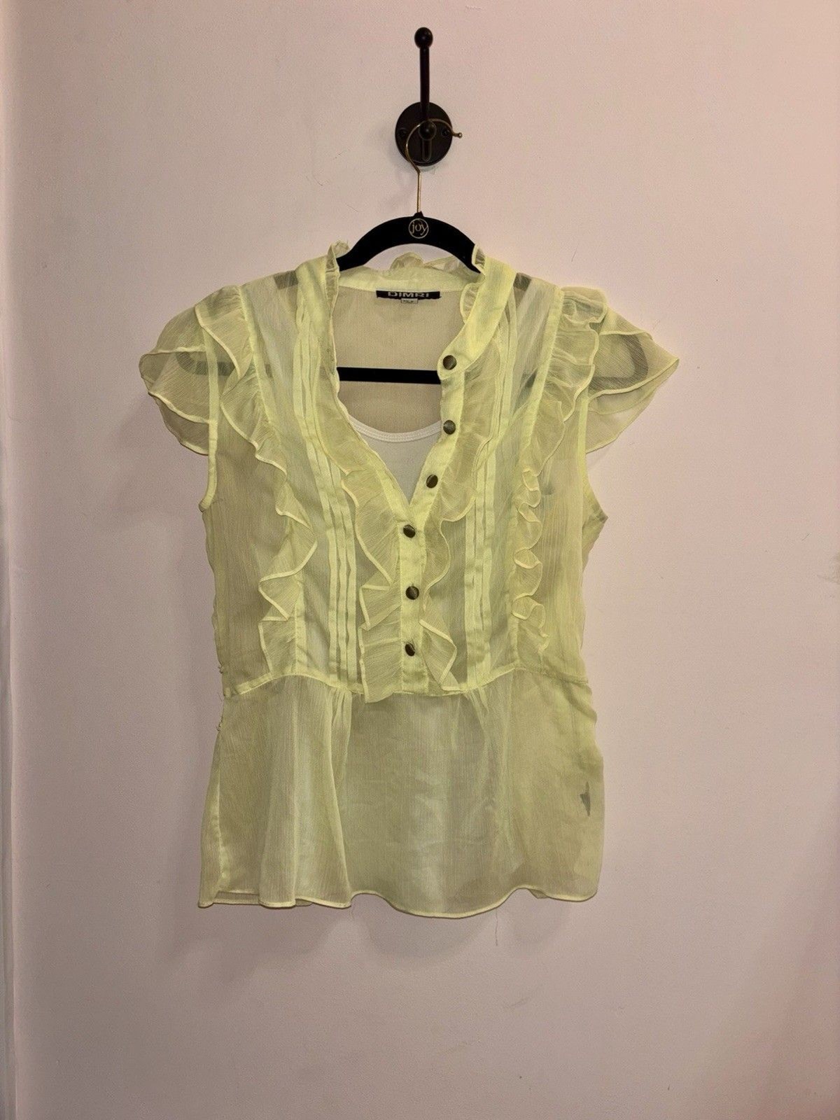 Dimri Sheer Ruffle Blouse Women’s Size M Yellow Button Front Romantic Chi