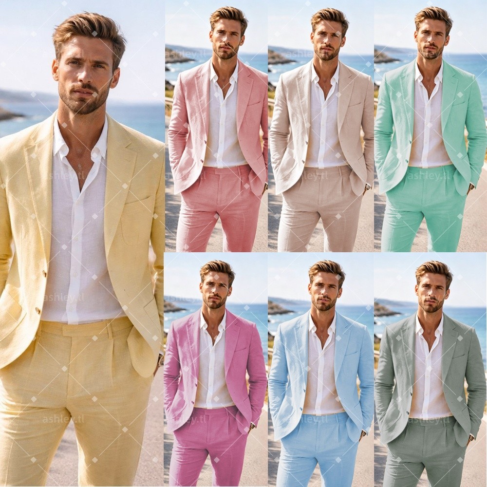 Men Multi Color Linen 2 Piece Suit Notch Lapel Summer Beach Wedding Outfit