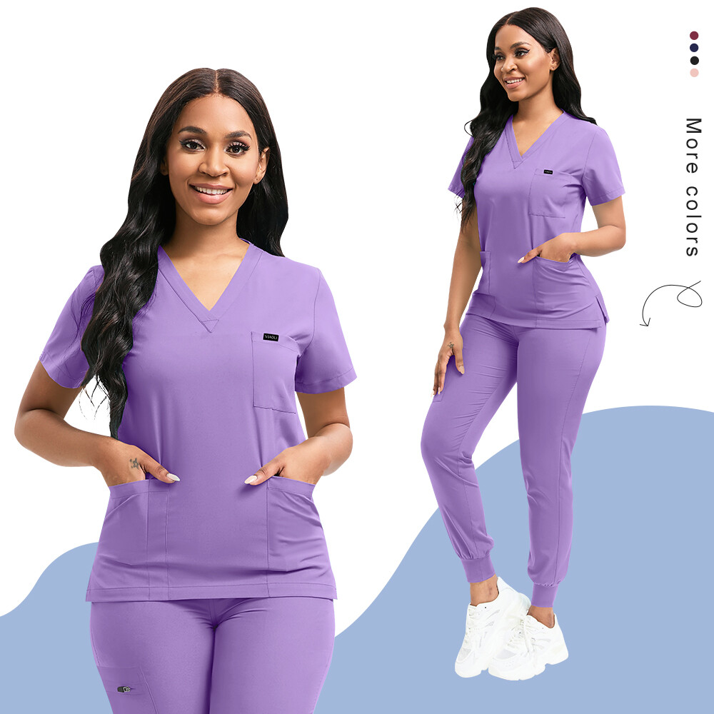 Unisex Stretch Jogger Nurse Uniform Scrub Sets Women Men V-Neck Top Elastic Pant