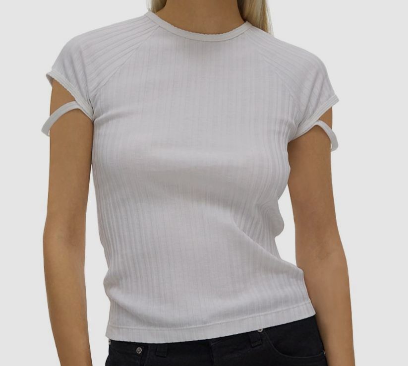 $161 Helmut Lang White Ribbed Short Raglan Sleeve Round Neck T-Shirt Top Size L