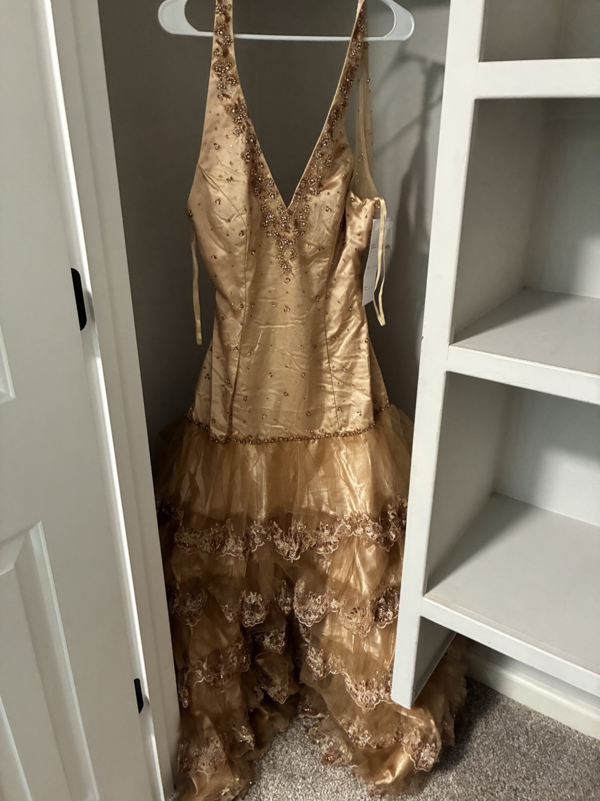 Do You Love Me? Gold Tan Beaded Halter V-Neck Formal Long Tulle Prom Gown 10