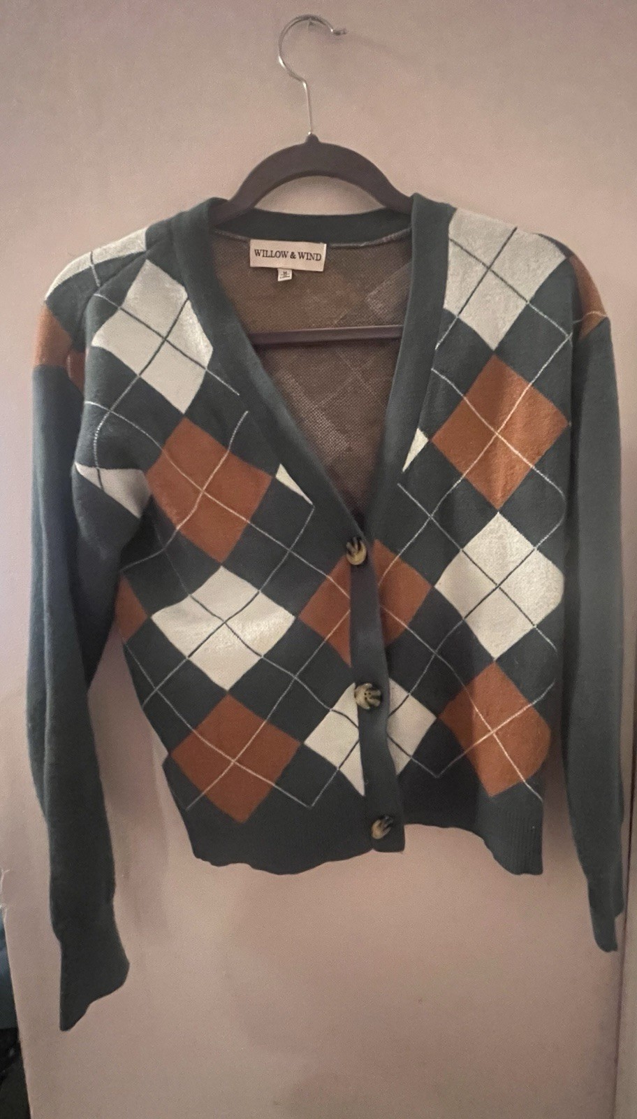 Women’s Green Argyle Cardigan Preppy Collegiate Button Front V Neck Sweater Sz M