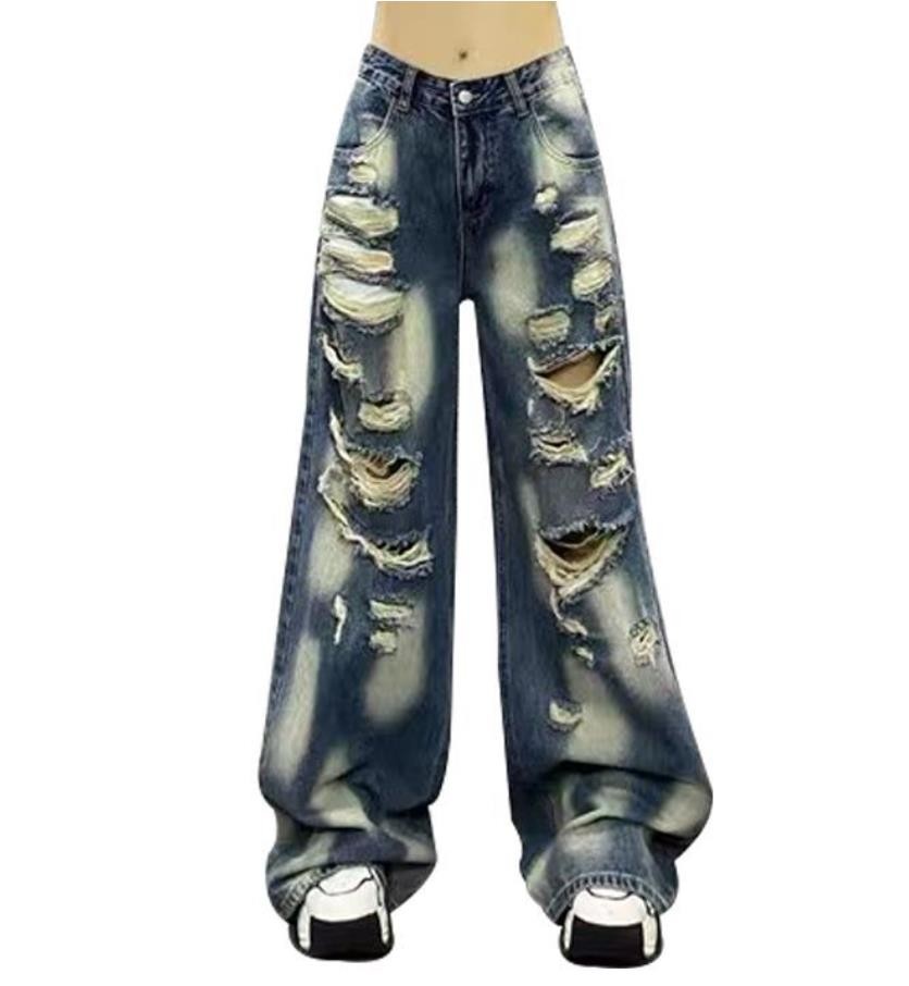 Women’s Blue Denim Jeans Straight Leg Punk Hip Hop Ripped Casual Pants Trousers
