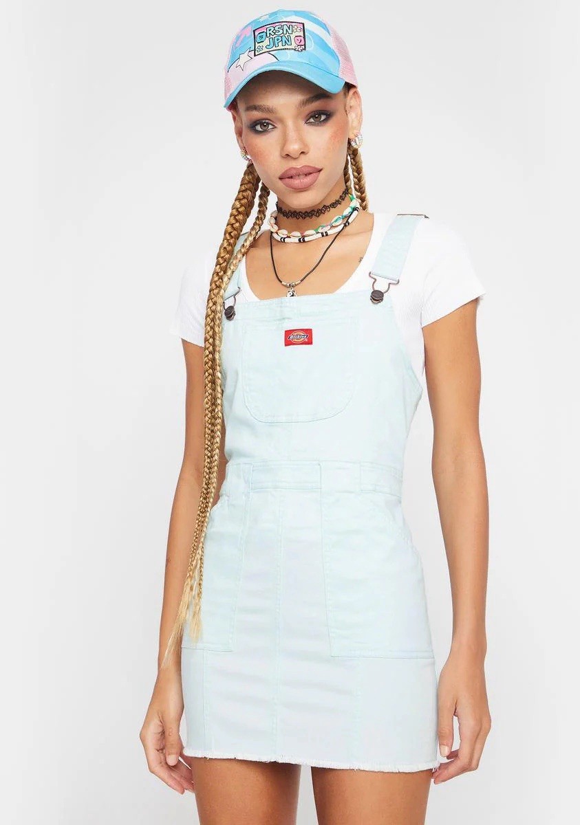 Dickies Light Blue Denim Overall Mini Dress Square Neck Zip Pockets Logo L