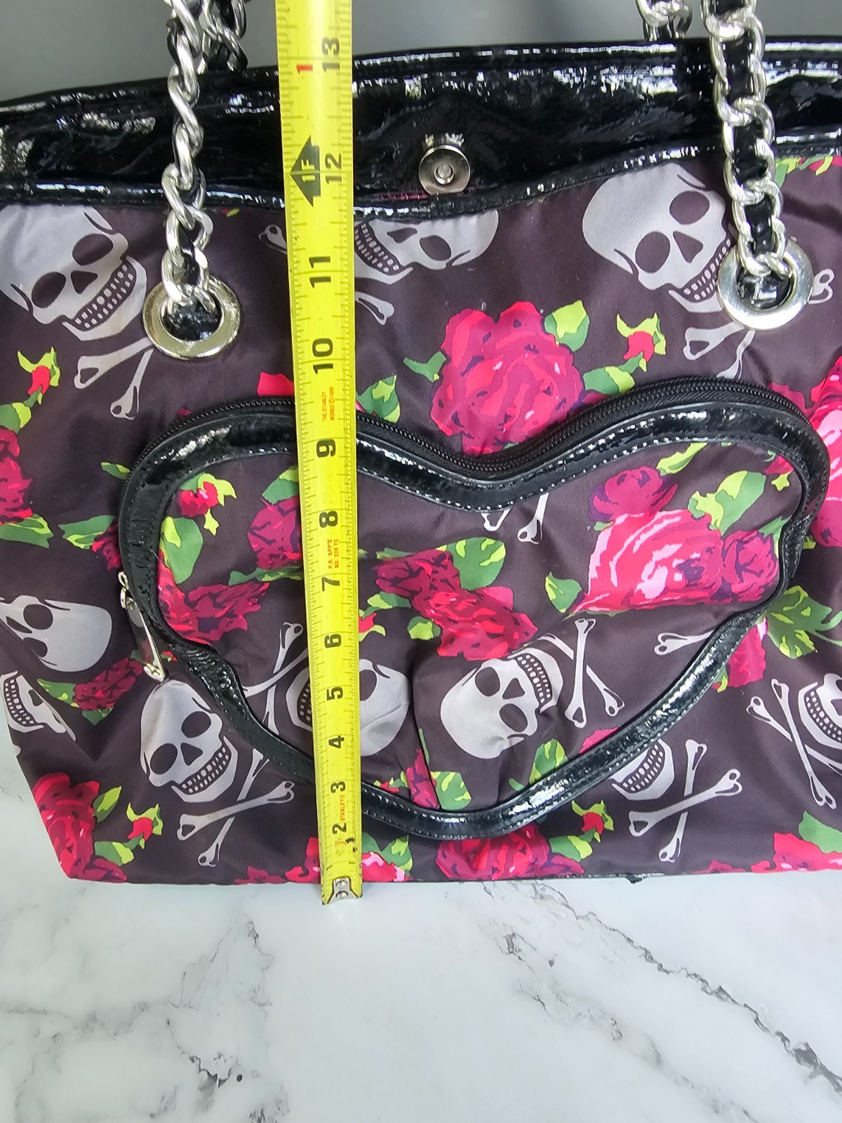 Betsey Johnson Skull Roses Print Large Tote Bag Chain Strap Purple Y2K Goth 2000