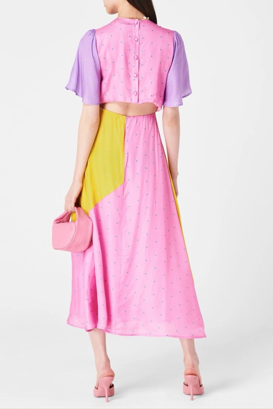 New Olivia Rubin Fleur Polka Dot Silk Mix Satin Print Midi Dress,UK 14