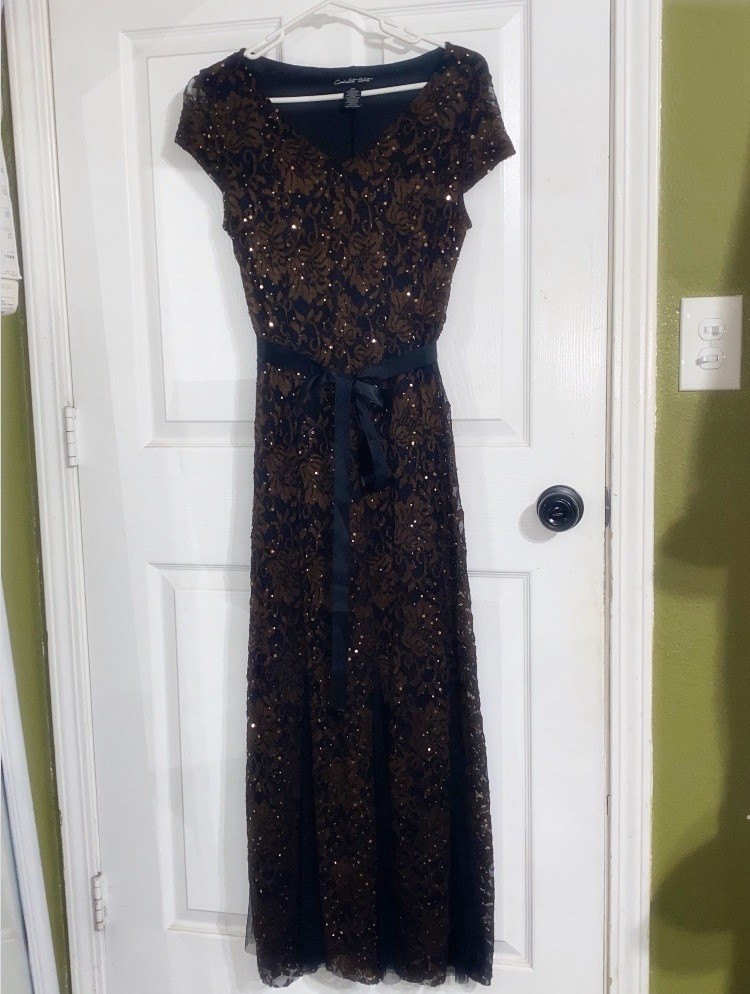 Candalite Petite Women’s PM Black/Brown Floral Lace Sequin Long Dress
