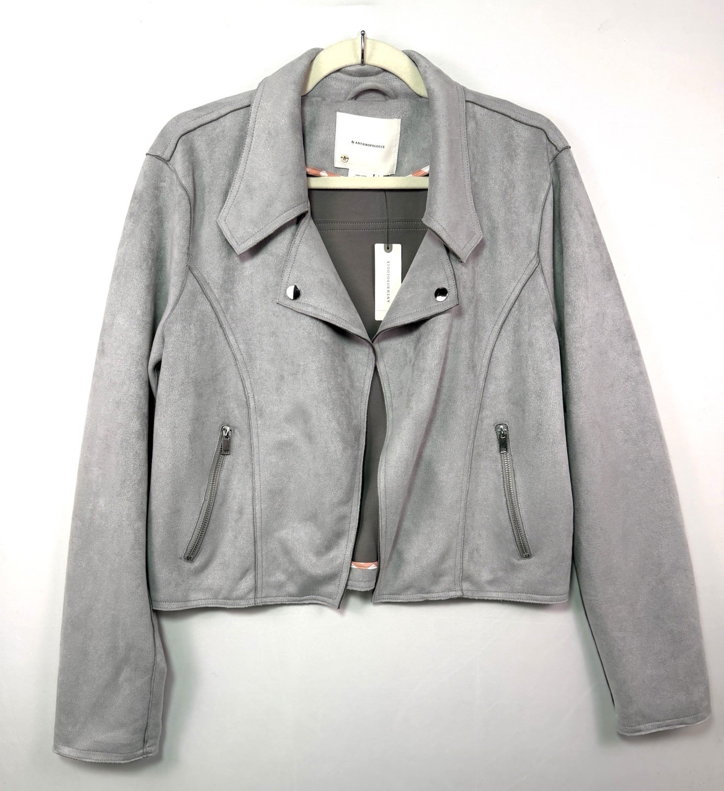 Anthropologie Womens L Gray Faux Suede Moto Jacket Open Front NWT $150