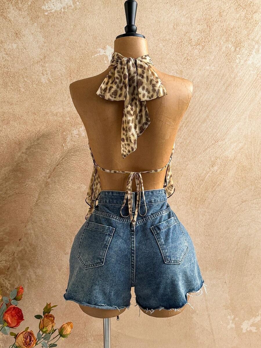 Leopard Print Halter Neck Top Backless Asymmetrical Boho Vacation Beach Blouse