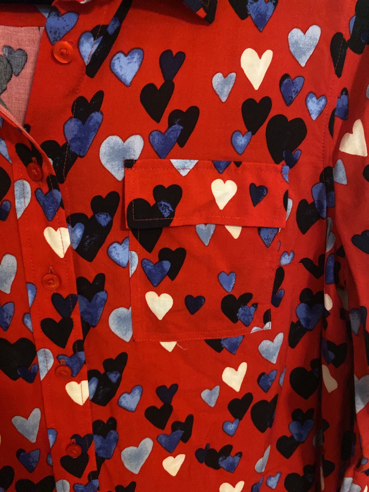 Talbots Shirt Womens PM Red Heart Print Button Front Rayon Long Sleeve Blouse
